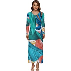 Leaves Tropical Exotic Long Sleeve Velour Longline Maxi Dress