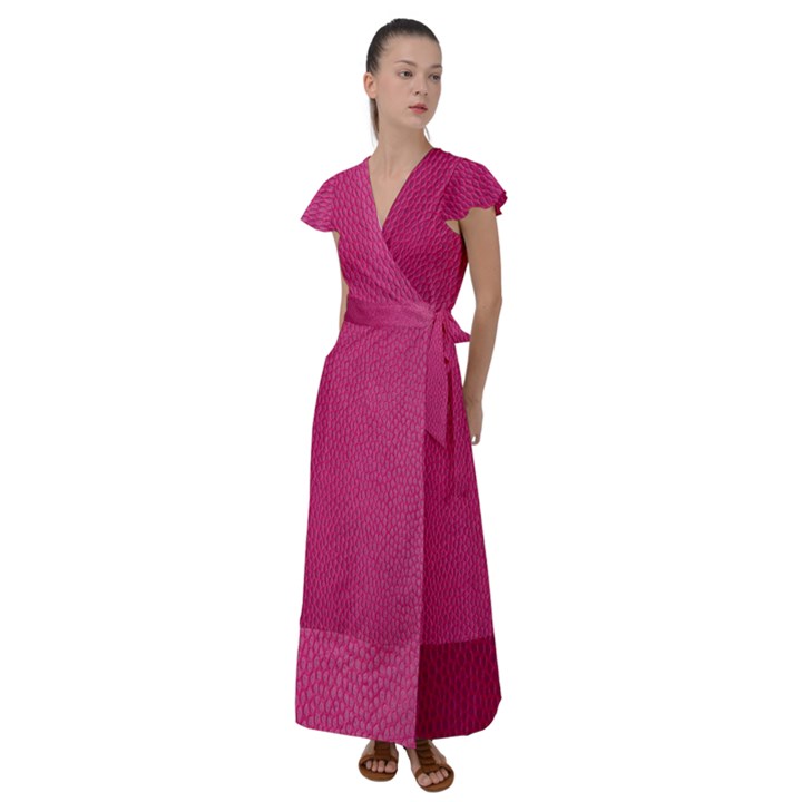 Pink Leather Leather Texture Skin Texture Flutter Sleeve Maxi Dress