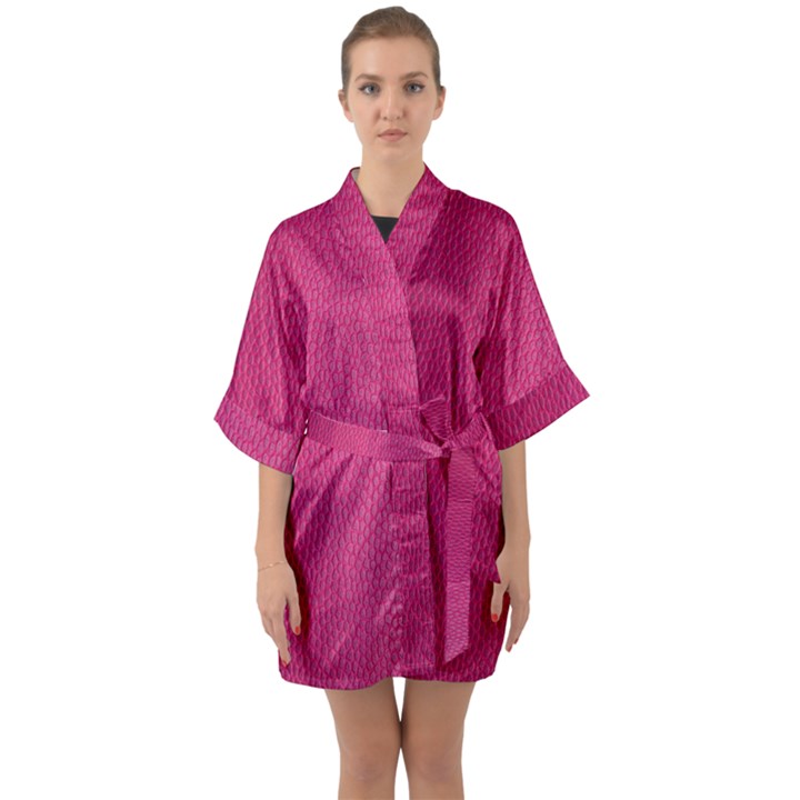 Pink Leather Leather Texture Skin Texture Half Sleeve Satin Kimono 