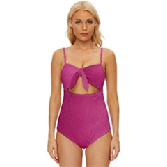 Pink Leather Leather Texture Skin Texture Knot Front One-piece Swimsuit