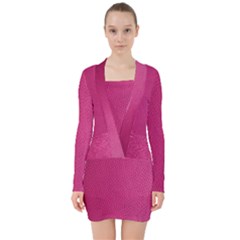 Pink Leather Leather Texture Skin Texture V-neck Bodycon Long Sleeve Dress by artworkshop