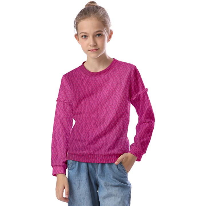 Pink Leather Leather Texture Skin Texture Kids  Long Sleeve Tee with Frill 