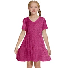 Pink Leather Leather Texture Skin Texture Kids  Short Sleeve Tiered Mini Dress