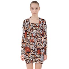 Stone Wall Wall Texture Drywall Stones Rocks V-neck Bodycon Long Sleeve Dress by artworkshop