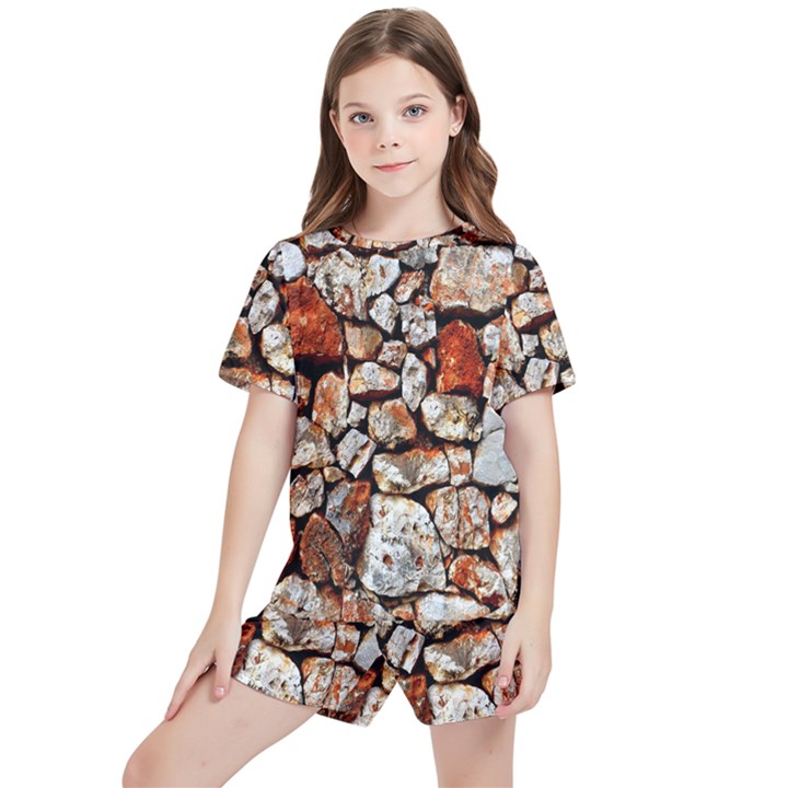 Stone Wall Wall Texture Drywall Stones Rocks Kids  Tee and Sports Shorts Set