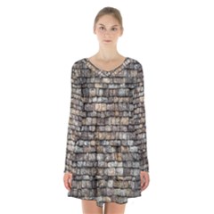 Wall Stone Wall Brick Wall Stoneworks Masonry Long Sleeve Velvet V-neck Dress by artworkshop