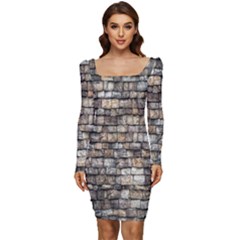 Wall Stone Wall Brick Wall Stoneworks Masonry Women Long Sleeve Ruched Stretch Jersey Dress