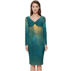 Background Green Long Sleeve V-neck Bodycon Dress 