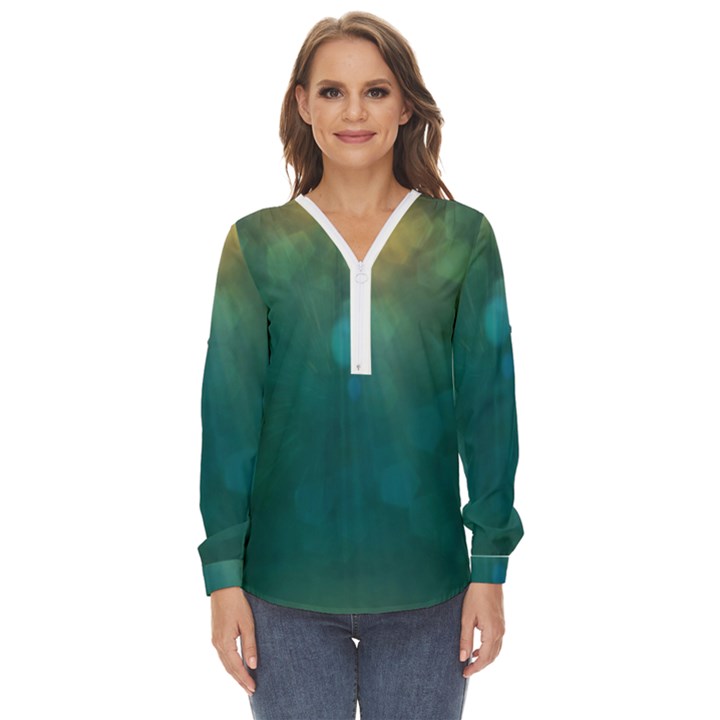 Background Green Zip Up Long Sleeve Blouse