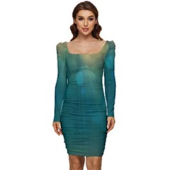 Background Green Women Long Sleeve Ruched Stretch Jersey Dress