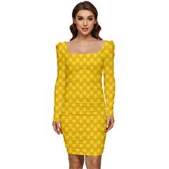 Polkadot Gold Women Long Sleeve Ruched Stretch Jersey Dress