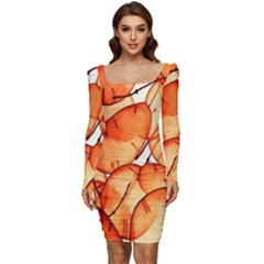 Orange Women Long Sleeve Ruched Stretch Jersey Dress