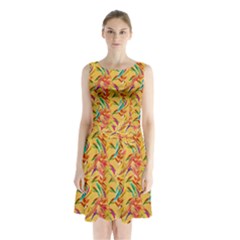 Pattern Sleeveless Waist Tie Chiffon Dress by nate14shop