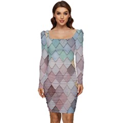 Tiles-shapes Women Long Sleeve Ruched Stretch Jersey Dress