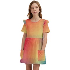 Colorful Rainbow Kids  Frilly Sleeves Pocket Dress