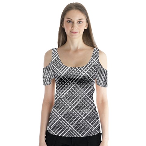 Grid Wire Mesh Stainless Rods Metal Butterfly Sleeve Cutout Tee  by artworkshop