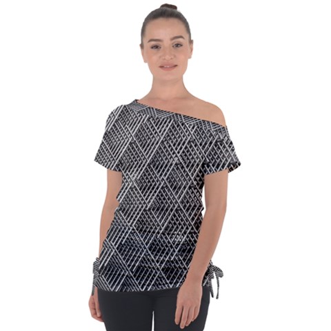 Grid Wire Mesh Stainless Rods Metal Off Shoulder Tie-up Tee by artworkshop