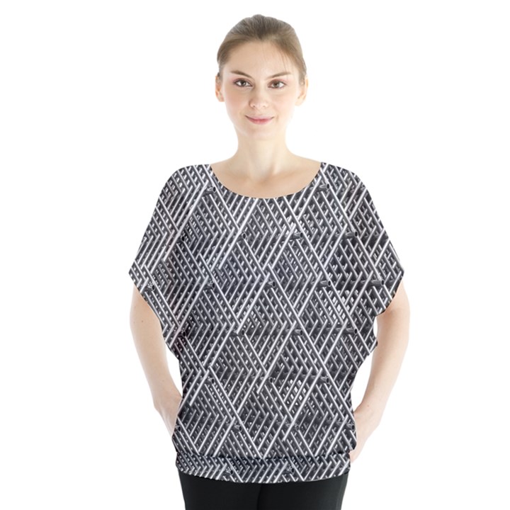 Grid Wire Mesh Stainless Rods Metal Batwing Chiffon Blouse