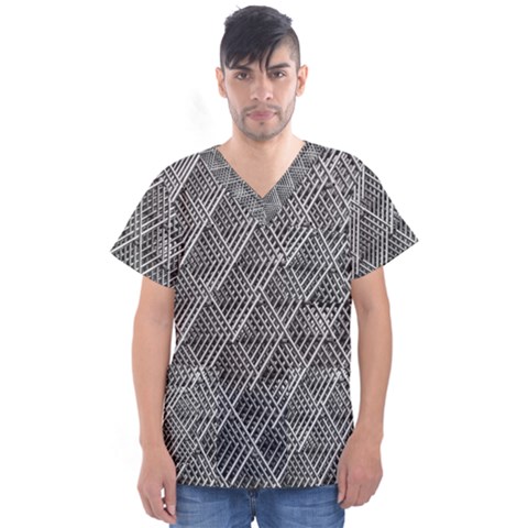 Grid Wire Mesh Stainless Rods Metal Men s V-neck Scrub Top by artworkshop