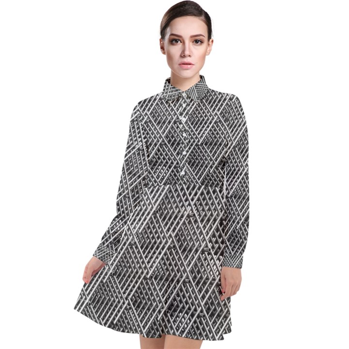 Grid Wire Mesh Stainless Rods Metal Long Sleeve Chiffon Shirt Dress