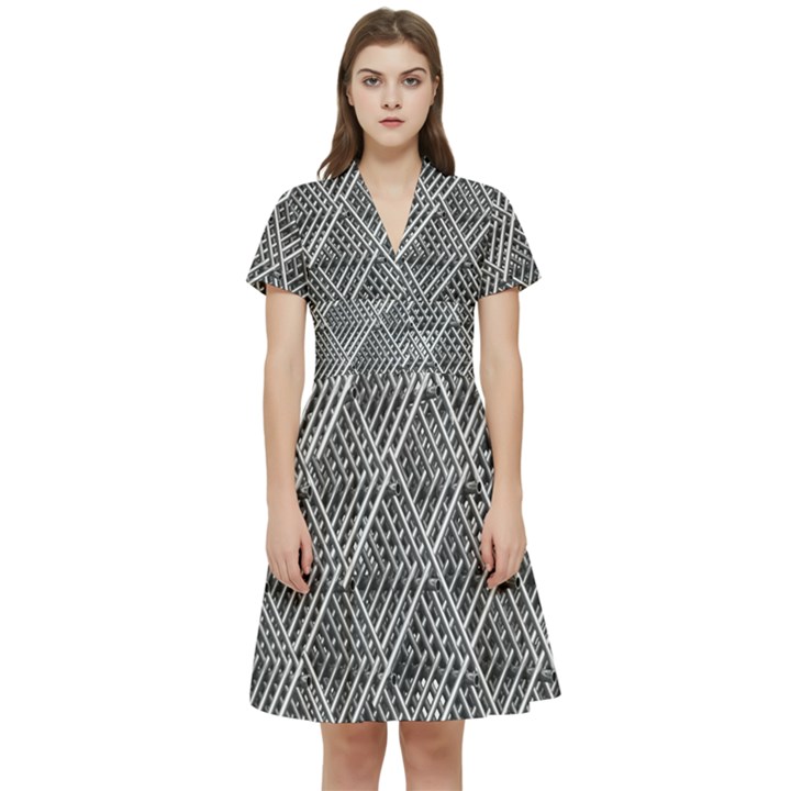 Grid Wire Mesh Stainless Rods Metal Short Sleeve Waist Detail Dress