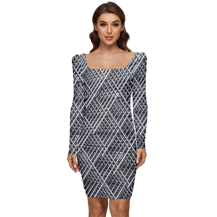 Grid Wire Mesh Stainless Rods Metal Women Long Sleeve Ruched Stretch Jersey Dress