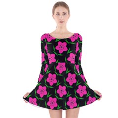 Pink Flowers Black  Long Sleeve Velvet Skater Dress by FunDressesShop