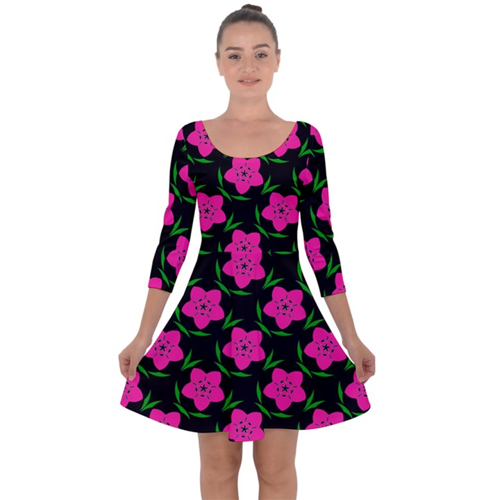 Pink Flowers Black  Quarter Sleeve Skater Dress