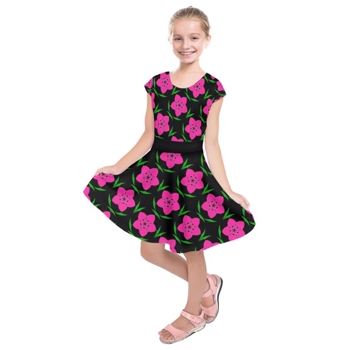 Pink Flowers Black  Kids  Short Sleeve Dress