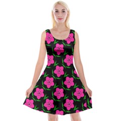 Pink Flowers Black  Reversible Velvet Sleeveless Dress