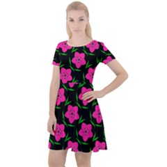 Pink Flowers Black  Cap Sleeve Velour Dress  by FunDressesShop