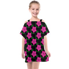 Pink Flowers Black  Kids  One Piece Chiffon Dress