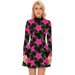 Pink Flowers Black  Long Sleeve Velour Longline Dress