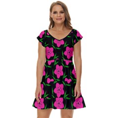 Pink Flowers Black  Short Sleeve Tiered Mini Dress