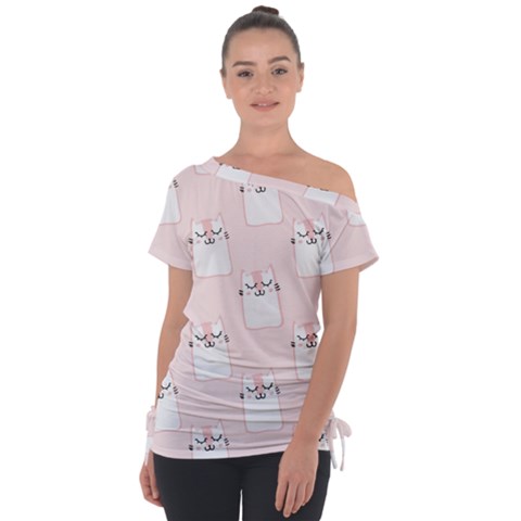 Fluffy Cat Pets Off Shoulder Tie-up Tee by artworkshop