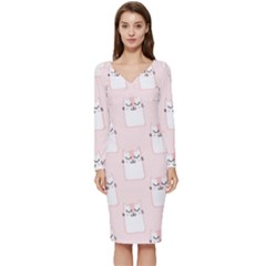 Fluffy Cat Pets Long Sleeve V-neck Bodycon Dress 