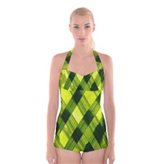 Leaves Grass Woven Boyleg Halter Swimsuit  by artworkshop