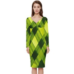 Leaves Grass Woven Long Sleeve V-neck Bodycon Dress  by artworkshop