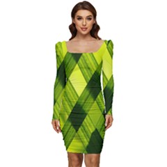 Leaves Grass Woven Women Long Sleeve Ruched Stretch Jersey Dress