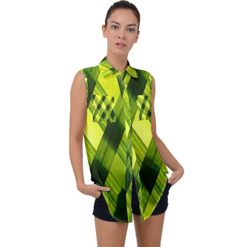 Leaves Grass Woven Sleeveless Chiffon Button Shirt by artworkshop