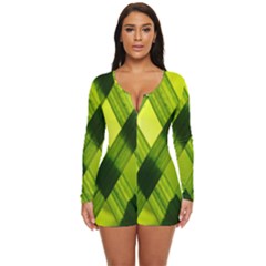 Leaves Grass Woven Long Sleeve Boyleg Swimsuit