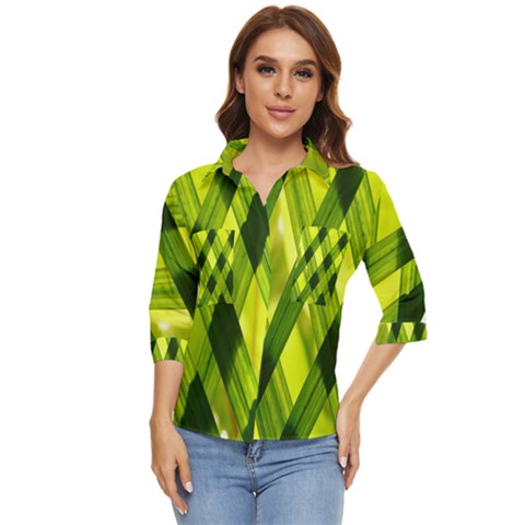 Leaves Grass Woven Women s Quarter Sleeve Pocket Shirt by artworkshop