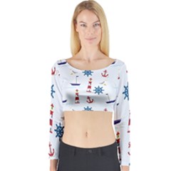 Lighthouse Sail Boat Seagull Long Sleeve Crop Top by artworkshop