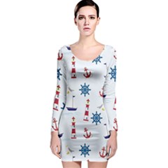 Lighthouse Sail Boat Seagull Long Sleeve Bodycon Dress by artworkshop