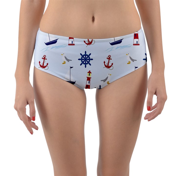 Lighthouse Sail Boat Seagull Reversible Mid-Waist Bikini Bottoms