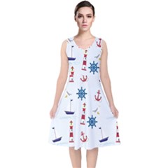 Lighthouse Sail Boat Seagull V-neck Midi Sleeveless Dress  by artworkshop