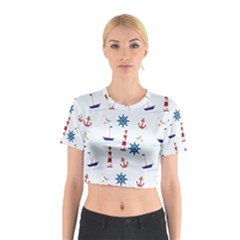 Lighthouse Sail Boat Seagull Cotton Crop Top by artworkshop