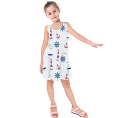 Lighthouse Sail Boat Seagull Kids  Sleeveless Dress by artworkshop