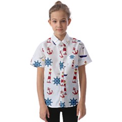 Lighthouse Sail Boat Seagull Kids  Short Sleeve Shirt by artworkshop