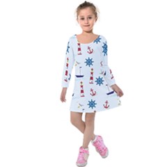 Lighthouse Sail Boat Seagull Kids  Long Sleeve Velvet Dress by artworkshop